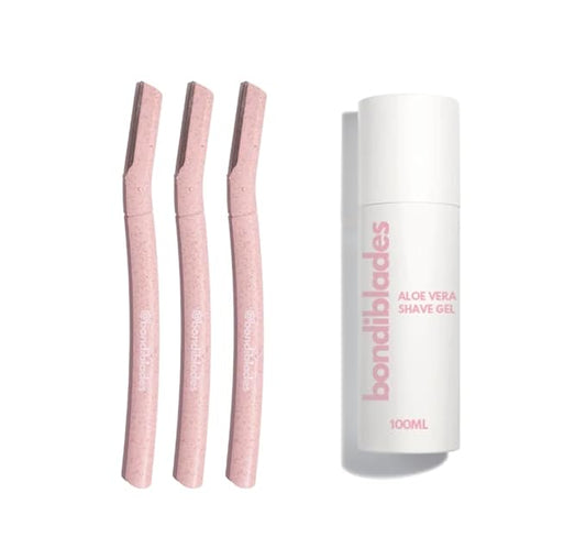 Starter Kit - 3 Pack Dermaplaning Razors & Aloe Vera Shave Gel - Dermaplane Razor - Eyebrow Razor - Dermaplaning tool for Face - Facial Razor for Women - Peach Face Remover