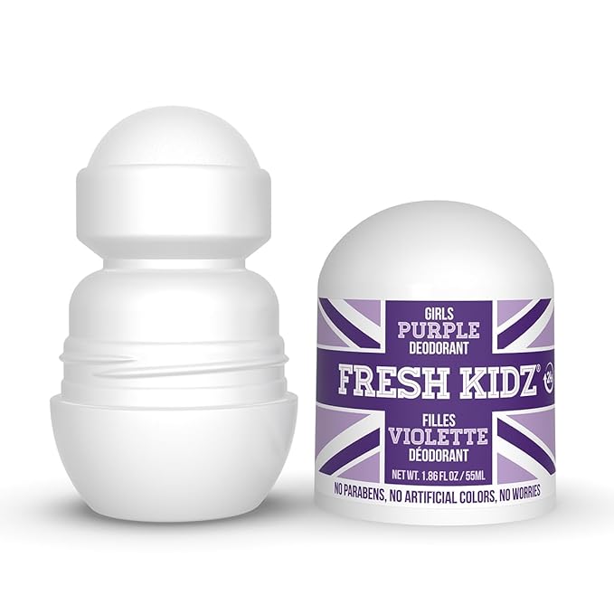 Fresh Kidz Roll On Deodorant for Kids and Teens - Baking Soda and Aluminum-free 24 Hour Protection for Sensitive Skin - Girls "Purple" 1.86 fl.oz.