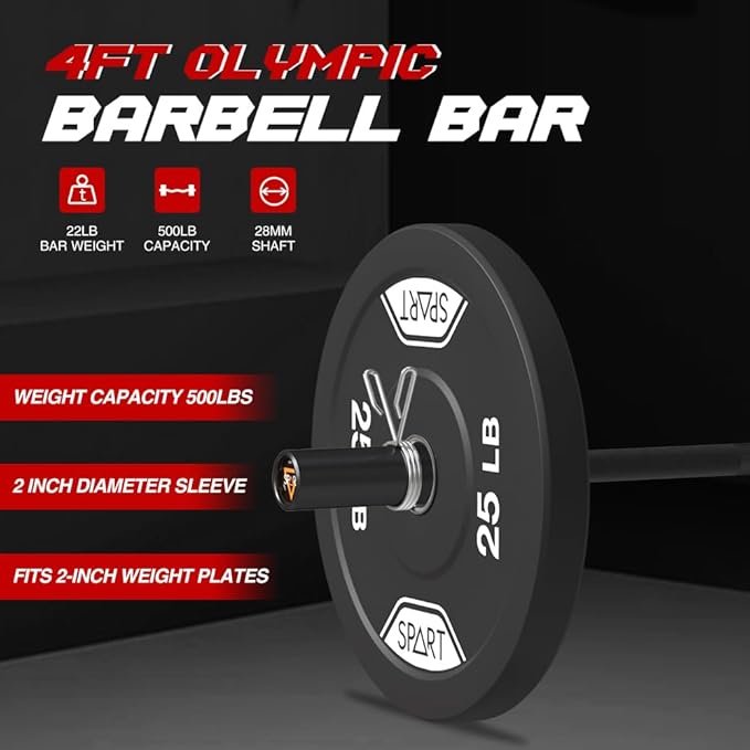 4FT Olympic Barbell Bar 47Inch Straight 2 Collars, 500Lbs Capacity 2 Inch