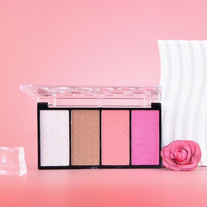 Matte Powder Blush Palette, 4 Colors Face Palette with White Highlighter, Brown Contour, Pink & Rose Pink Blush for Cheeks, Natural Lasting Makeup Palett for Women, Blus and Highlighter Pallet