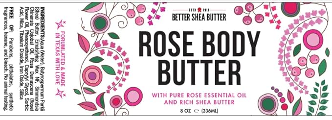 Rose Body Butter for Dry Skin with Whipped Shea Butter and Pure Essential Oil | Ultra Hydrating Rose Lotion for Women | All Natural Moisturizer with No Synthetic Fragrances