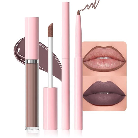 evpct Retractable 1Pcs Lip Liner Pencils and 1 Pcs Lip Gloss Makeup Set for Shaping & Sculpting Lips, Taupe Long-Lasting Waterproof Longwear Matte Rich Lip Colors Liner Crayon Liquid Lipstick 12#