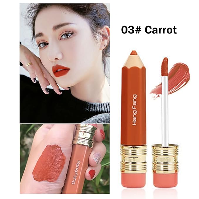 2 Color Pencil Shaped Lip Gloss,Matte Hydrating Liquid Lipstick for Women Long Lasting Lip Tint Non-sticky Nourishing Lip Glosses Set (Black tea+Carrot)