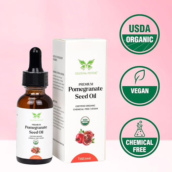USDA Certified Organic Pomegranate Seed Oil (1 Oz) 100% Pure Natural, Hexane-Free, Face Moisturizer, Skin Hydration, Nails Natural Beauty Enhancement