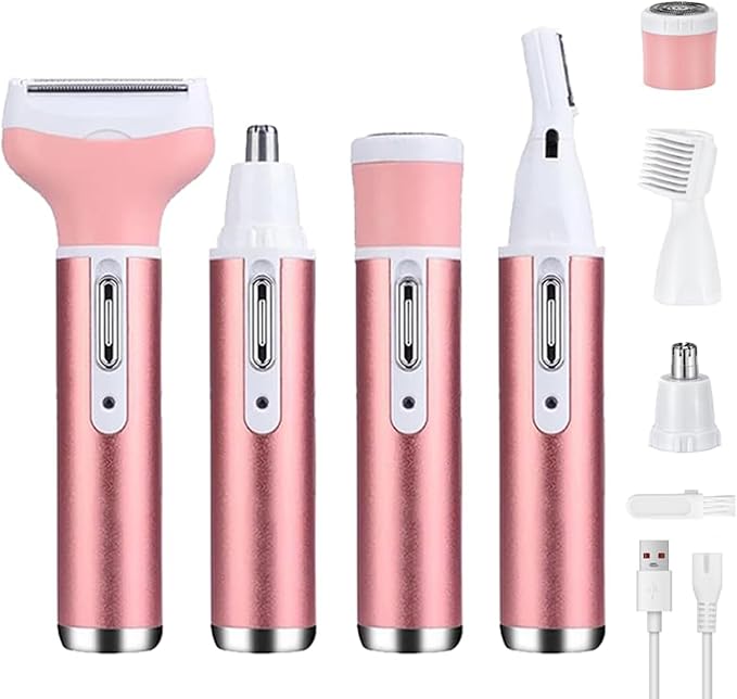 Electric Razor for Women Facial Hair Removal and 4 in 1, Bikini Trimmer Pubic Underarms Painless Nose Eyebrow Body Leg Hair Removal Rechargeable Hair Clippers Grooming Set