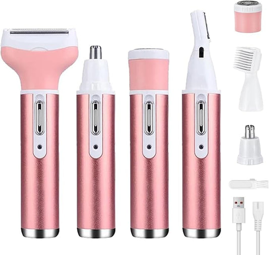 Electric Razor for Women Facial Hair Removal and 4 in 1, Bikini Trimmer Pubic Underarms Painless Nose Eyebrow Body Leg Hair Removal Rechargeable Hair Clippers Grooming Set