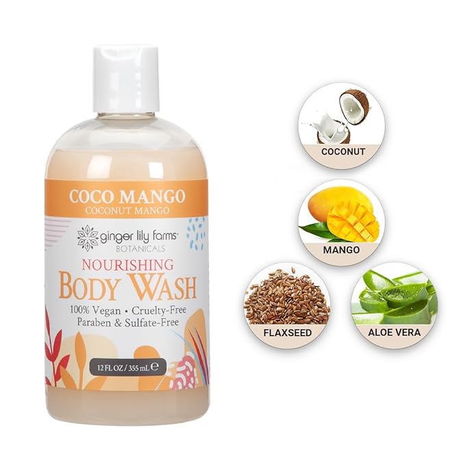 Ginger Lily Farms Botanicals Nourishing Body Wash, Coco Mango, 100% Vegan & Cruelty-Free, Coconut Mango Scent, 12 Fl Oz