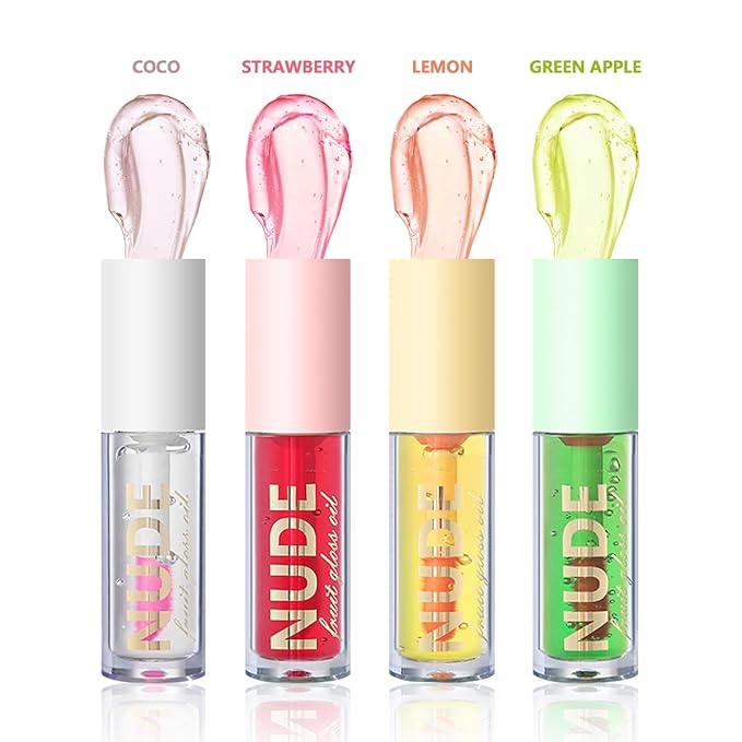4 Pcs Plumping Lip Oil, Moisturizing Hydrating Lip Glow Oil Fruit Big Brush Head Lip Gloss Kit Smooth Glossy Finish Tinted Lip Balm, Non-sticky Fresh Texture