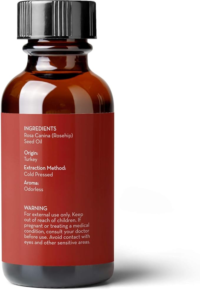 Pure Body Naturals Rosehip Facial Oil, 1 fl oz - for Face, Nails, Hair and Skin - Cold Pressed and Unrefined Moisturizing Oil