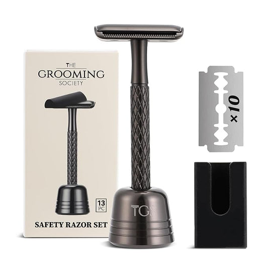 Double Edge Safety Razor for Men with Stand and Silicone Cover - Durable Metal Eco-Friendly Single Blade Safety Razor with 10 Blades - Closed Smooth Shave Matte Black