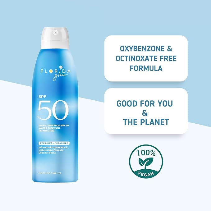 Florida Glow SPF 50 Sunscreen Spray - Hawaii 104 Reef Act & Florida Keys Compliant, Broad Spectrum, Water Resistant Sport Sun screen - Child Friendly PABA-Free & Oxybenzone Free (5.5 Fl Oz 1-Pack)