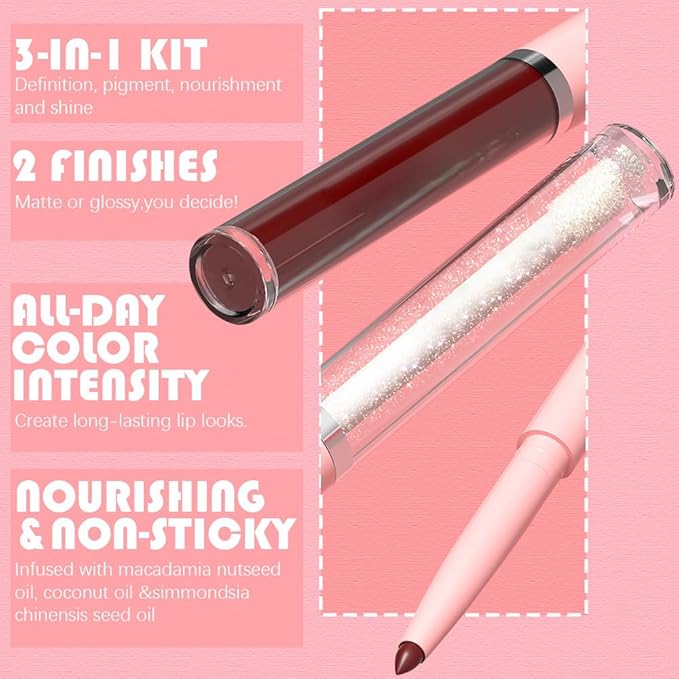 3-in-1Hocolate Brown Matte Lip Stain Kit | Waterproof Lip Liner + Hydrating Matte Lip Gloss + Nourishing Lip Oil | Long Lasting Plumping to Create Perfect Lip Makeup.11#