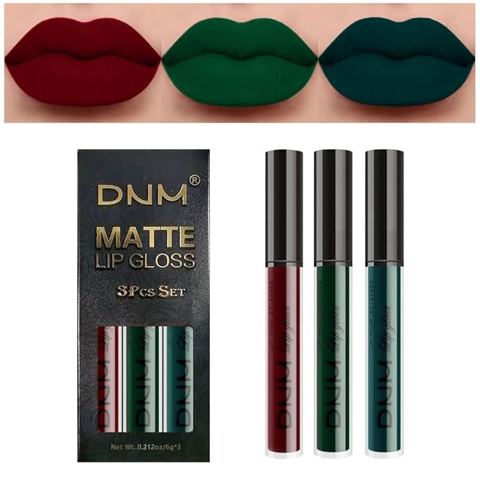 evpct 3Pcs Dark Color Colored Red Emerald Green Matte Liquid Lipstick Make up Set 24 Hour Long Lasting Waterproof Smudge Proof Deep red Green Liquid Lipstick Matte Lip Stain Gloss Liner Kit 8