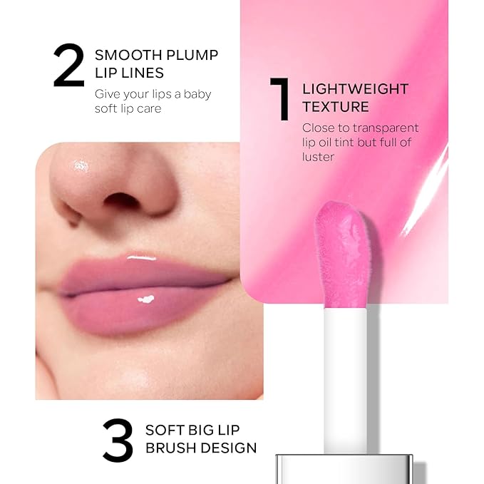 Hydrating Lip Glow Oil, Plumping Moisturizing Lip Oil Gloss, Smooth Lip Lines Plump Lip,Transparent Plumping Clear Glossy Tinted Balm Care 0.2Fl oz #Pink