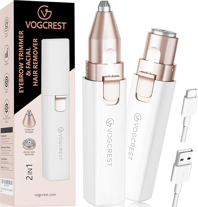 VOGCREST Hair Trimmer, 2 in 1 Facial Hair Remover & Eyebrow Trimmer for Women - Rechargeable, Portable, LED Light (White)