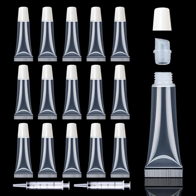 AMORIX 50PCS 10ml Lip Gloss Tubes Clear Empty Lip Balm Containers with White Cap Refillable Soft Cosmetic Squeeze Tubes for Lip Gloss Base Glitter Pigment Powder 2 Syringes + Tag Labels Stickers