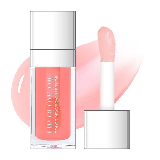 Hydrating Lip Glow Oil, Plumping Moisturizing Lip Oil Gloss, Smooth Lip Lines Plump Lip,Transparent Plumping Clear Glossy Tinted Balm Care 0.2Fl oz #Pink