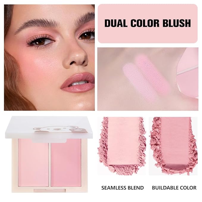 Dual Powder Matte Blush Palette – Soft Pink & Rosy – Matte Finish, Buildable Long Lasting Face Blush Makeup,Lightweight, Vegan, Cruelty-Free, Natural Pink Blush for All Skin Tones 02#