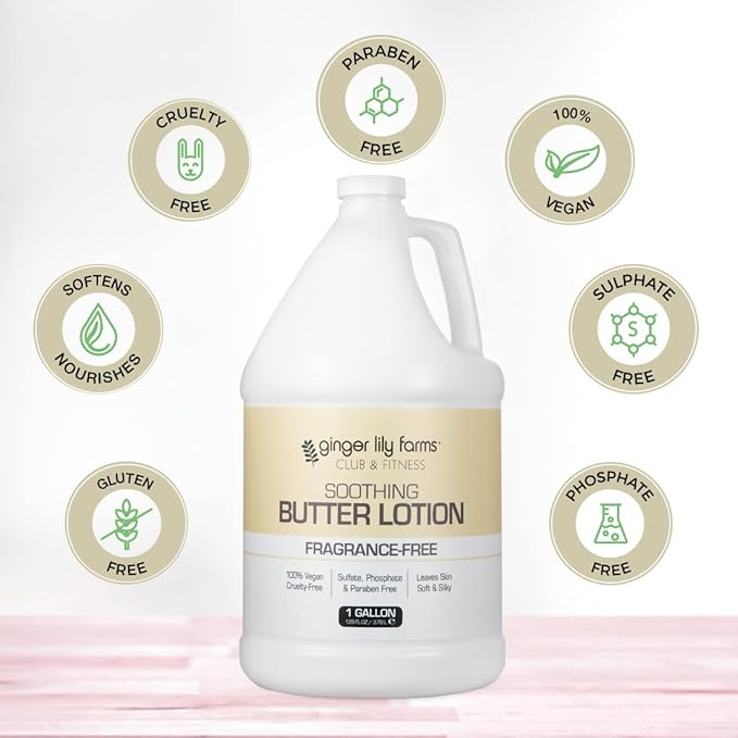 Ginger Lily Farms Club & Fitness Soothing Butter Lotion for Dry Skin, 100% Vegan & Cruelty-Free, Fragrance Free, 1 Gallon (128 fl oz) Refill (Pack of 2)