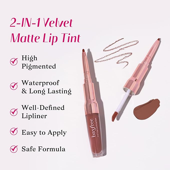 2-IN-1 Lip Liner and Lip Stain, High Pigmented Long Lasting Velvet Lip Tint, Well-Defined Lipliner, Weightless Waterproof Not Animal Tested, Matte Finish Makeup