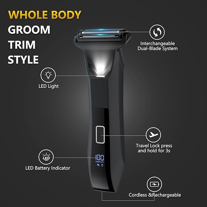 Manscape Ball Trimmer for Men, 2-in-1 Body Hair Groomer and Groin Hair Shaver -Dual-Head Trimmer for No-Nick Shaving, Smooth Grooming, Lightweight with Travel Lock, IPX7 Waterproof, LED Display