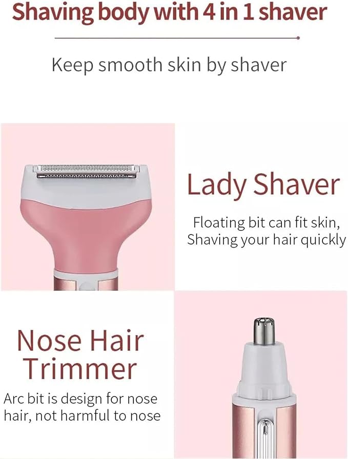 Electric Razor for Women Facial Hair Removal and 4 in 1, Bikini Trimmer Pubic Underarms Painless Nose Eyebrow Body Leg Hair Removal Rechargeable Hair Clippers Grooming Set