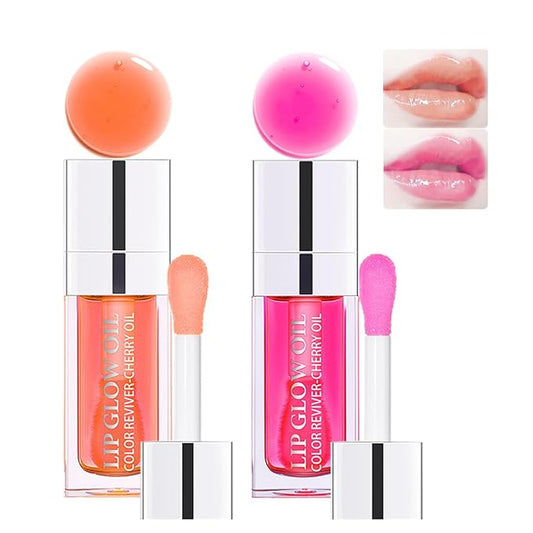 2 Colors Hydrating Plumping Lip Glow Oil,Moisturizing Lip Oil Gloss Transparent Glossy Lip Gloss Primer Lip Tint for Lip Care and Dry Lip (001#+007#)