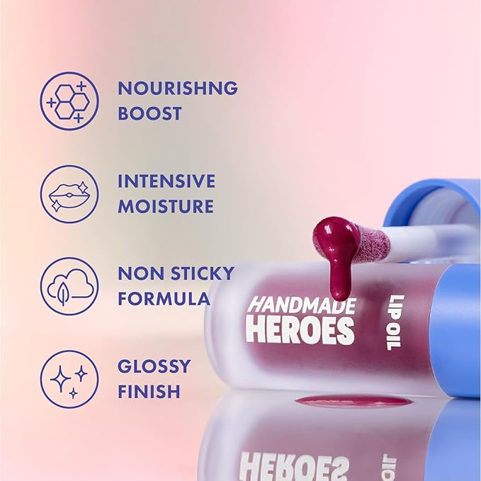Handmade Heroes 100% Natural Vegan Lip Oil with Squalane Non-Sticky Lip Gloss Moisturizing, Shiny, Nourishing Korean Lip Gloss - Sweet Beet