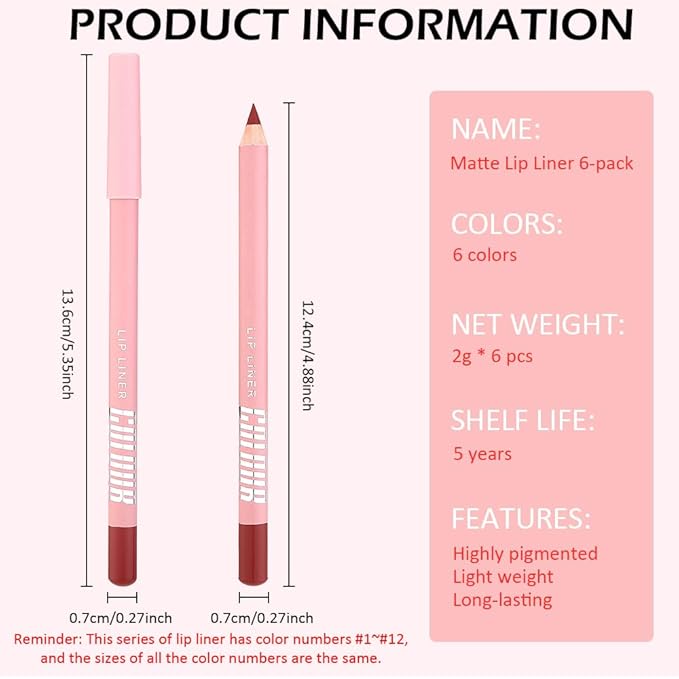 6 Pcs Natural Nude Brown Beige Colors Lip Liner Lipstick Pencils Set for Daily Makeup,Easy to Apply & Remove,Waterproof (02, pack of 6)