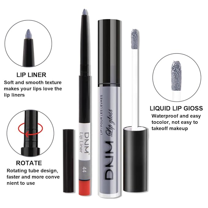 evpct 2Pcs Grey Gray Matte Liquid Lipstick Lip Gloss Stain and Retractable Lip Liner Makeup Set for Women Long Lasting Waterproof 24 Hours Permanent Lipstick labial mate larga duracion 24 44#
