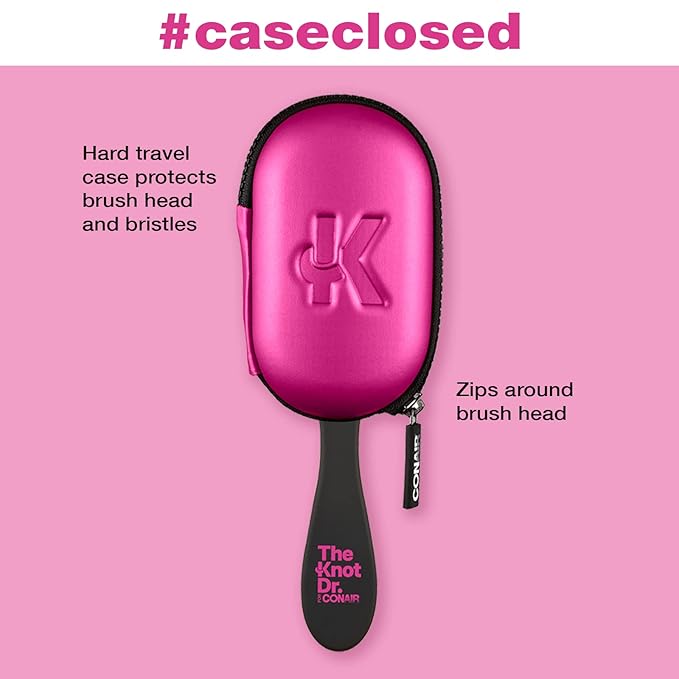 The Knot Dr. hair brush by Conair - Detangling hair brush - Removes Knots and Tangles in wet or dry hair- Black Neon w/Travel Case - Pink