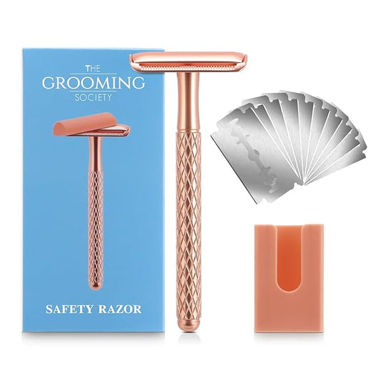 Double Edge Safety Razor for Women with Silicone Cover & 10 Blades for Travel Metal Eco-Friendly Reusable Single Blade Razor for Shaving (Rose Gold)