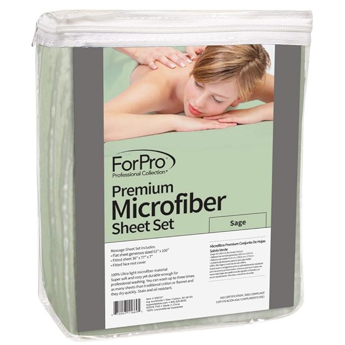 ForPro Professional Collection Premium Microfiber 3-Piece Massage Sheet Set, Sage, Ultra-Light, Stain, and Wrinkle-Resistant, Includes Flat, Fitted Sheet and Massage Face Rest Cover
