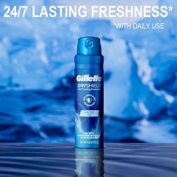 Gillette Dry Spray Antiperspirant and Deodorant for Men, 24/7 Sweat & Odor Protection, Anti-White Mark Technology, Arctic Ice Scent, 4.3 oz (Pack of 3)