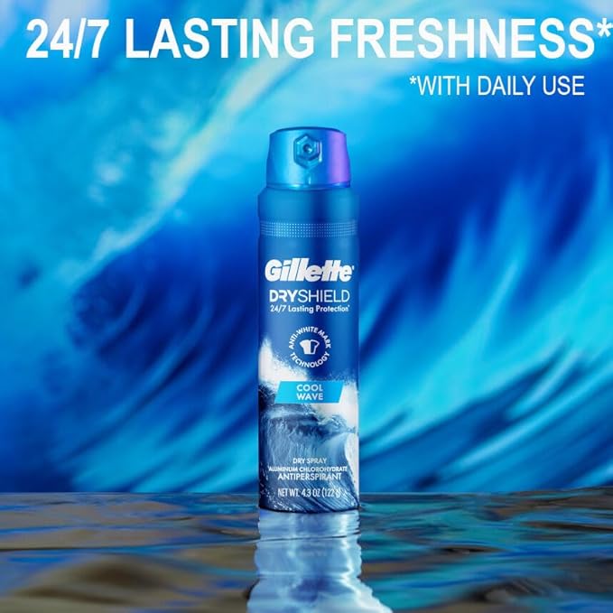 Gillette Dry Spray Antiperspirant and Deodorant for Men, 24/7 Sweat & Odor Protection, Anti-White Mark Technology, Cool Wave Scent, 4.3 oz (Pack of 3)