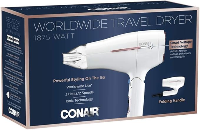 Conair Hair Dryer, Worldwide Travel Hair Dryer with Smart Voltage Technology and Folding Handle, Includes Concentrator