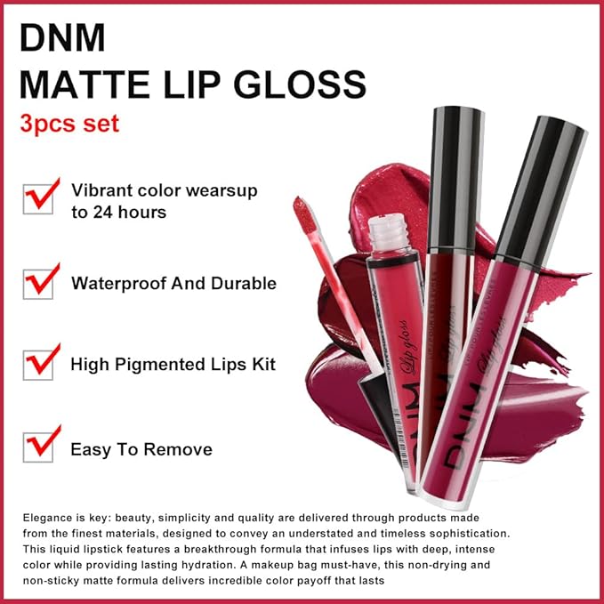 evpct 3Pcs Dark Red Purple Matte 24-hour Liquid Lipstick Sets, Matte Lipstick Lip Stain Long Lasting 24 Smudge Waterproof Lip Gloss Gift Set Matt Lipsticks Set Matt Liquid Women Makeup Lipstick 06