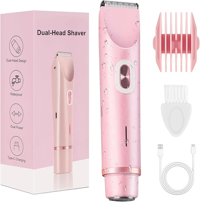 Dermave Bikini Shaver, Bikini Trimmer for Women, Glow Aura Electric Razor 2-in-1 Women's Body Shaver Dual Head Women's Trimmer for Leg Arm Body Grooming Tool (Pink)