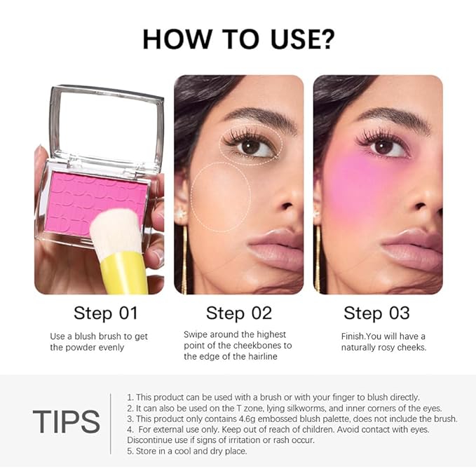 Pink Powder Blush Palette, Multi-Use Makeup Blusher Pink Blendable Formula