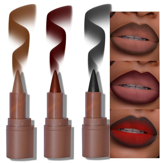 3Pcs 2-in-1 Gradient Lip Liner and Lipstick Lip Combo Set - Coffee Bean & Mulberry & Dark Colors Achieve Flawless Contour and Gradual Ombre Effect Crayon Form Cone Tip, Dark Brown Black Lip Liner Set