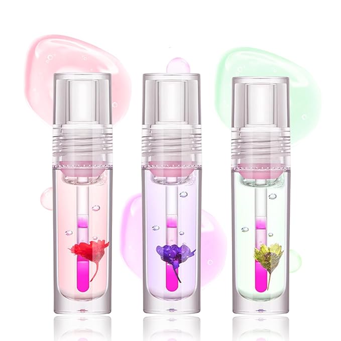 Plumping Lip Glow Oil,Hydrating Tinted Lip Oil Color Changing Lip Gloss Floral Moisturizing Lip Balm Lip Care For Dry Lip Long Lasting Nourishing 3Pack