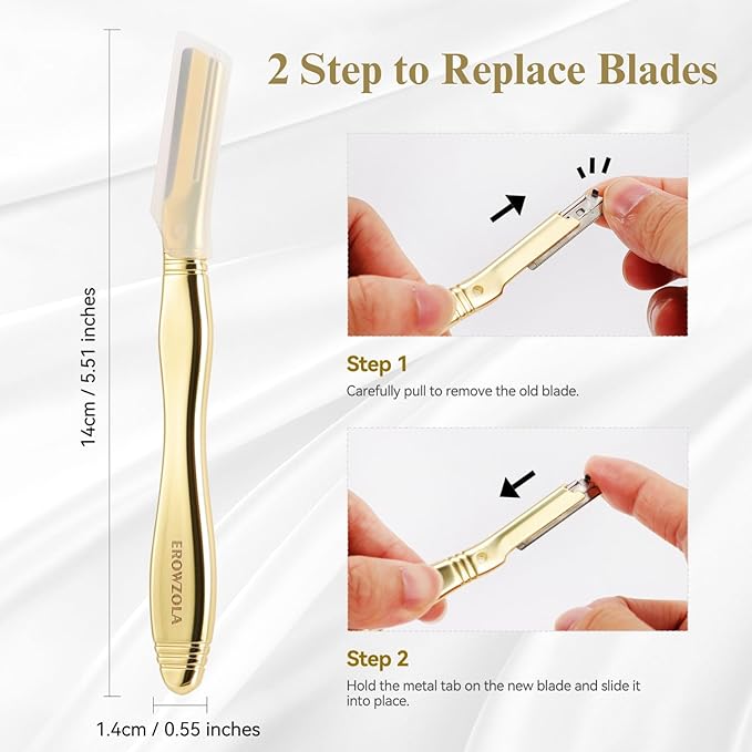 Dermaplane Razor for Women Face with 6 Refill Blades, Dermaplaning Tool Face Razors for Removes Facial Hair, Peach Fuzz, Reusable Metal Handle Eyebrow Razor (Royal Gold)