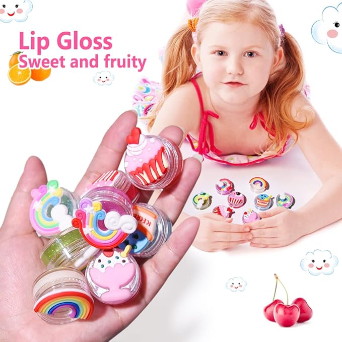 8PCS Cute Lip Gloss for Girls, Party Favors Lip Balm Set for Kids, Assorted Fruity Flavors Cute Cupcake of Rainbow Designs Birthday Gift
