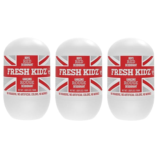 Fresh Kidz Roll On Deodorant for Kids and Teens - Baking Soda and Aluminum-free 24 Hour Protection for Sensitive Skin - Boys "Red" 1.86 fl.oz. (3 Pack)