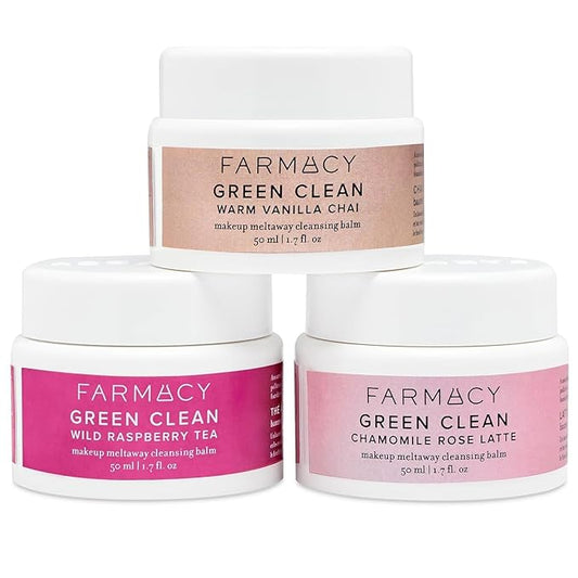 Farmacy Cleansing Balm Skin Care Set - Tea Harvest Travel Size Makeup Remover - Limited Edition Skincare Set Includes Warm Vanilla Chai, Wild Raspberry Tea + Chamomile Rose Latte (3 Count)