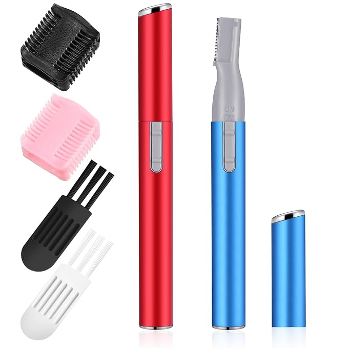 Chumia 2 Pcs Electric Eyebrow Trimmer Women Precision Face Razors Mini Shaver with Comb Christmas Women Gift Battery Operated Personal Epilator for Face Neck Fuzz Lips Leg(Red, Blue)