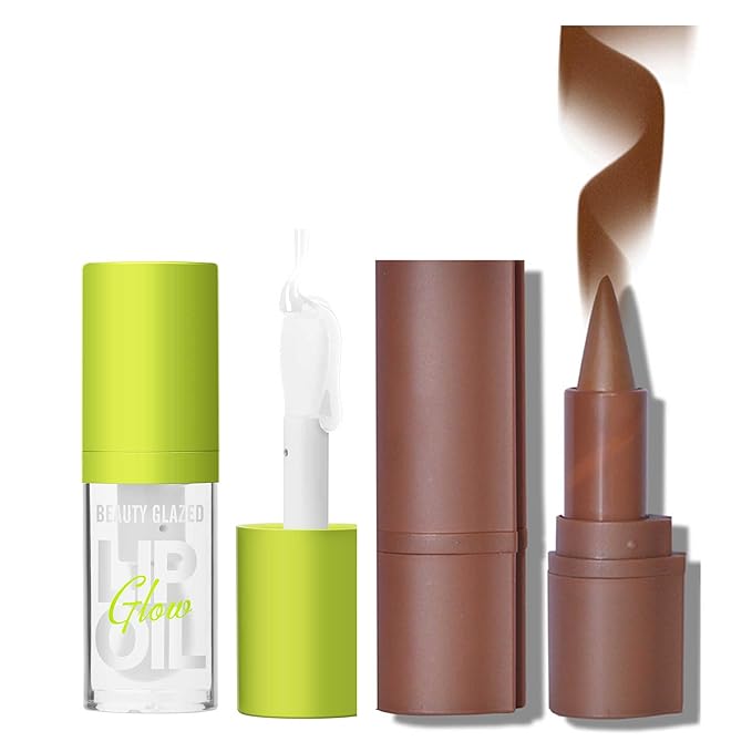 2Pcs Lip Oil and Lip Liner Set, Gradient Brown Lip Liner and Lipstick Lip Combo Set, Smooth Glossy Finish Lip Glow Oil for Black Women (2, Coffee Bean Set)