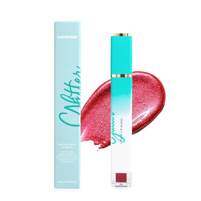 VANERIA Glitter Lip Gloss Shimmer,Matte Liquid Lipstick Rapid Drying,Long Lasting Highly Pigmented Color,Waterproof,Lipgloss Glitter Non-Sticky.cherry(4ml/0.14oz)