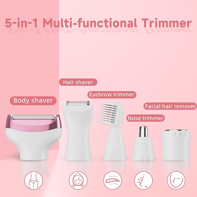 Bikini Trimmer for Women, 5 in 1 Electric Razors for Shaving, Waterproof Rechargeable Pubic Hair Trimmer with LED Display, Pink