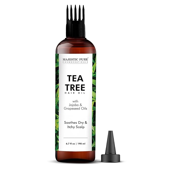 Majestic Pure 100% Pure Tea Tree Oil with Biotin for Hair Care, Strengthening, Nourishing, and Volumizing Formula with Jojoba Oil and Castor Oil - Non GMO Verified, 198 ml